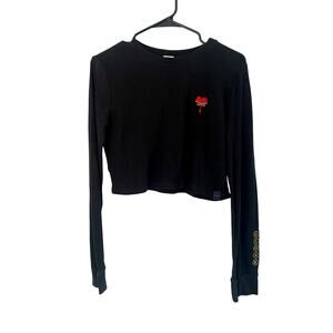Cloak Black Cropped Thermal Top Heart Graphic Long Sleeve Size L